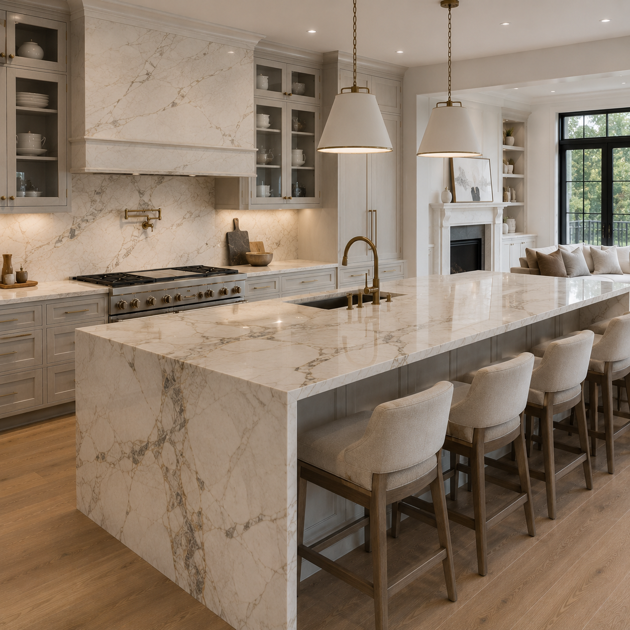 Stone waterfall kitchen island from the supplied inspiration collection